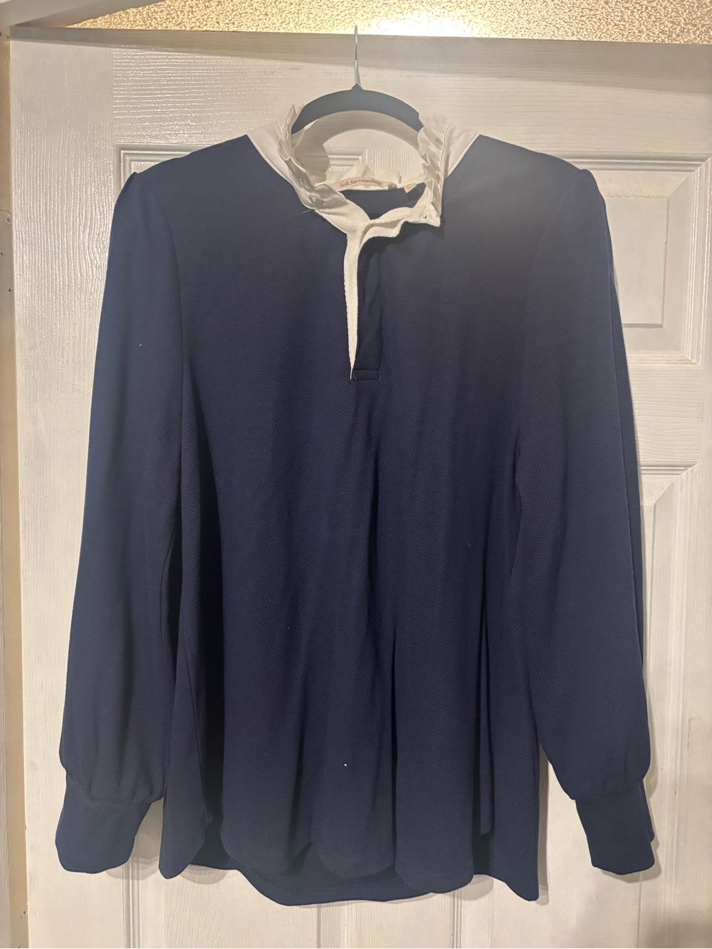 Soft Surroundings Navy Blouse with Cream Ruffle Collar